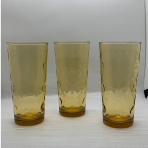 VTG Amber Eldorado Gold Hazel-Atlas Rain Drops Thumbprint Glasses Set of 3 MCM